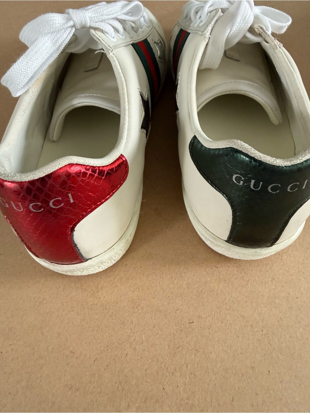 Gucci White Leather Sneakers with Red & Green Heel Tabs